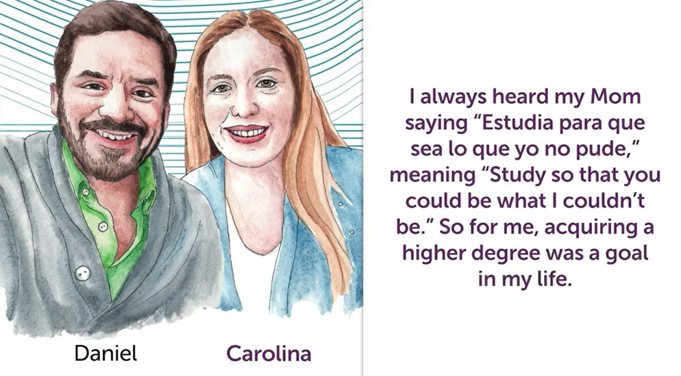 Split visual: An illustration of a man and woman couple standing side by side one the right and a quote from the audio on the left