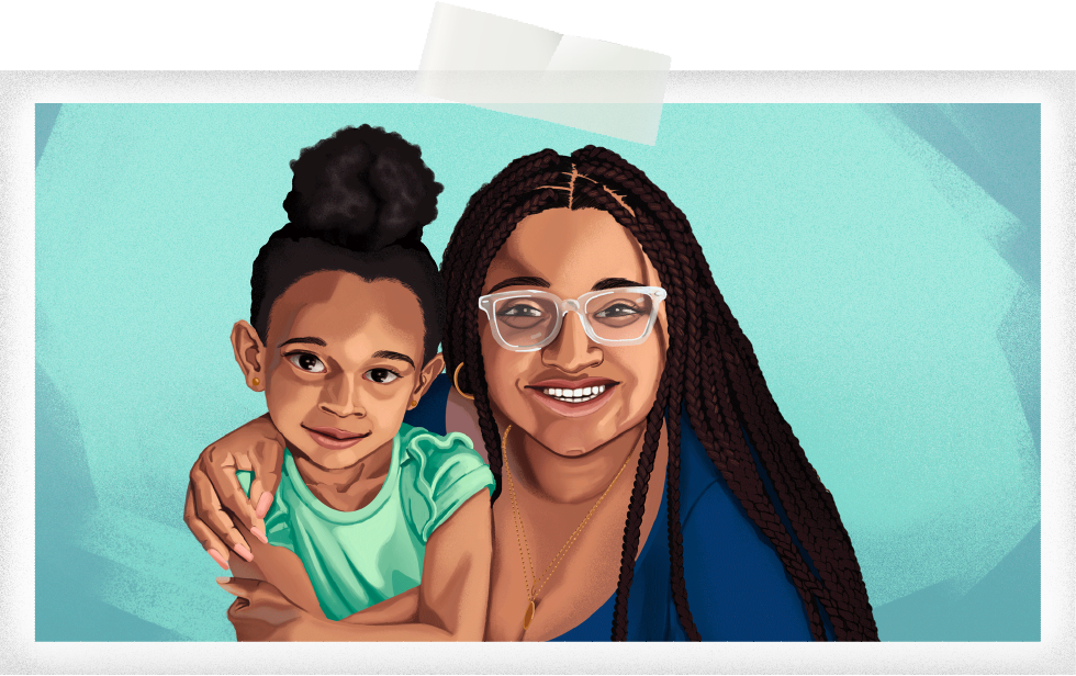 A mother posing with her young daughter in a family portrait illustrations