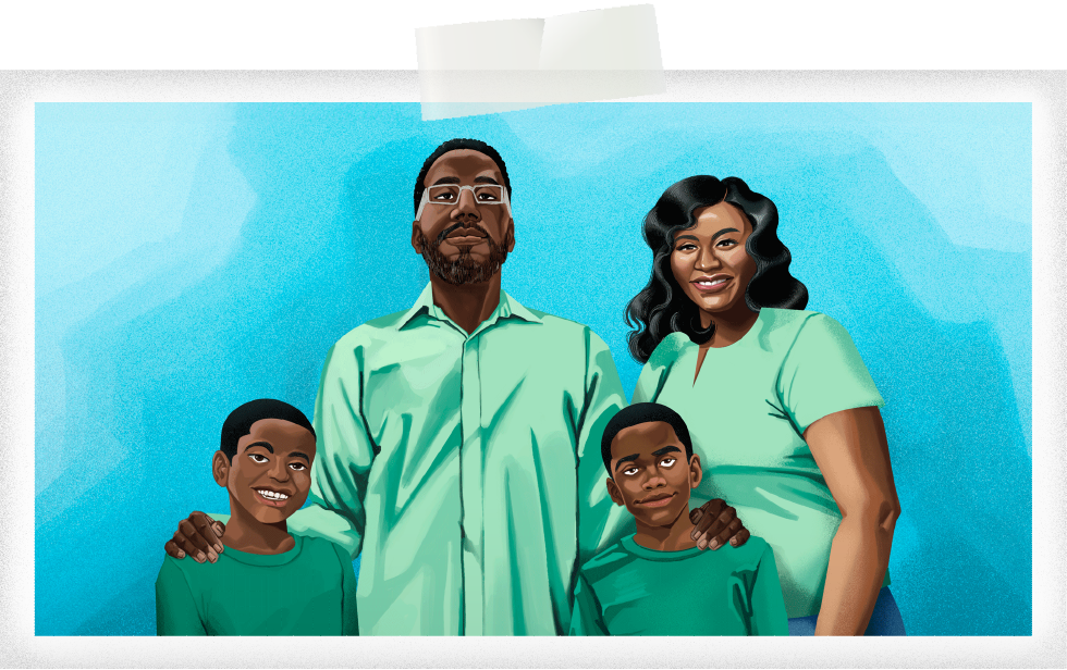A Black father posing with his wife and young twin sons in a family portrait designed illustration
