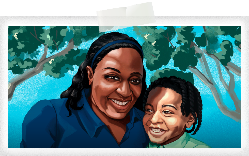 A Black mother posing with her young son in a family portrait designed illustration