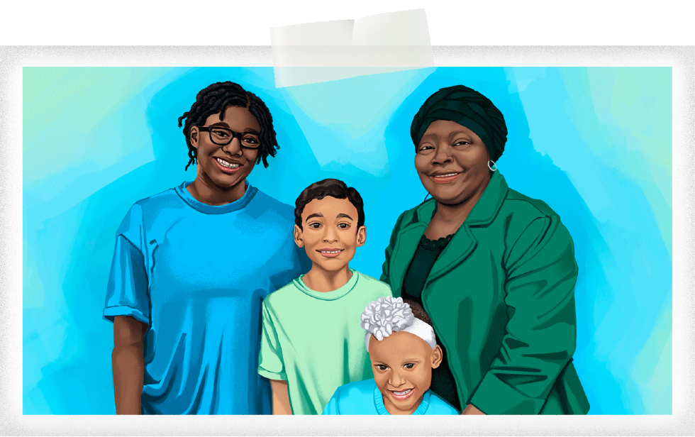 A Black women posing with her three young foster children in a family portrait designed illustration