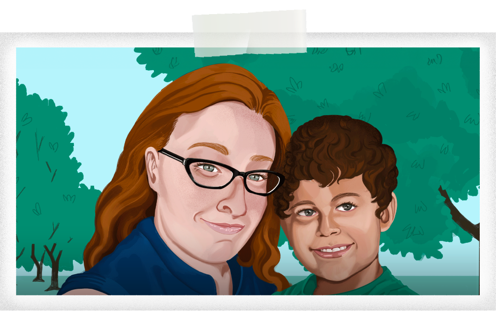 A white mother posing with her son in a family portrait designed illustration