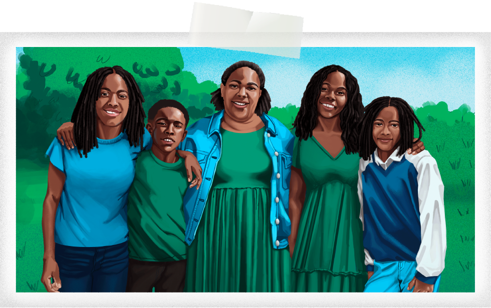 A Black mother posing with her four young children in a family portrait designed illustration