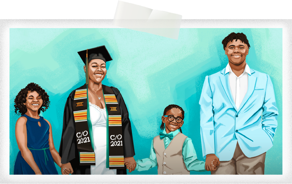 A Black mother posing with her three children in a family portrait designed illustration