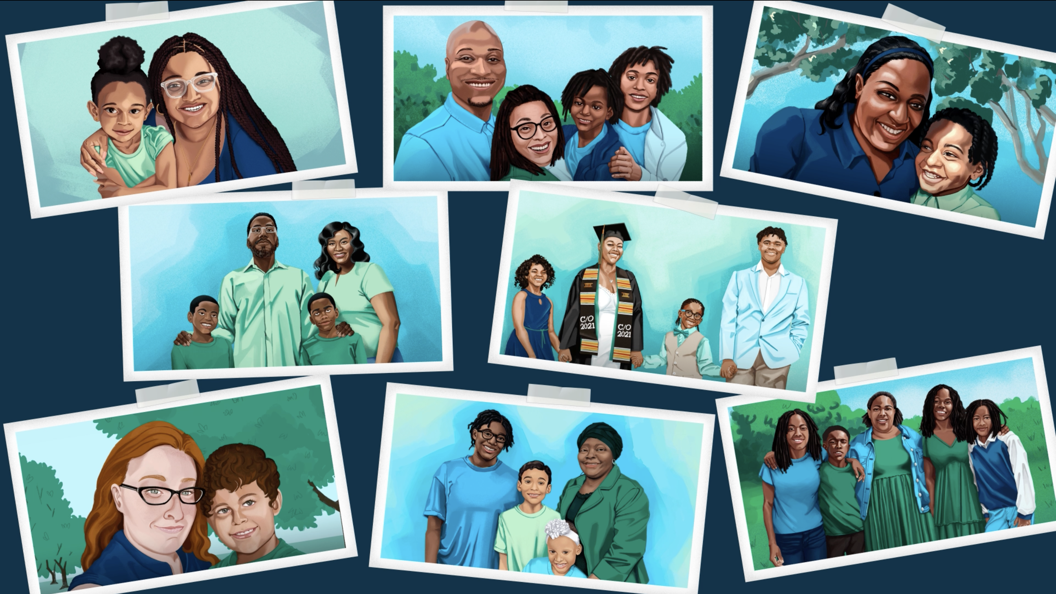 A collage of family photos of the Family Advisory Committee members and their families