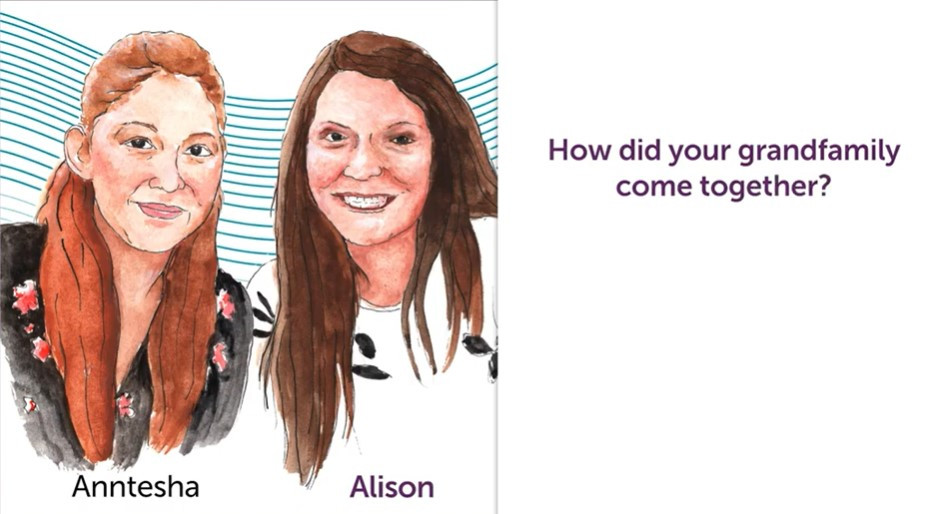 Split visual: An illustration of two white women standing side by side one the right and a quote from the audio on the left